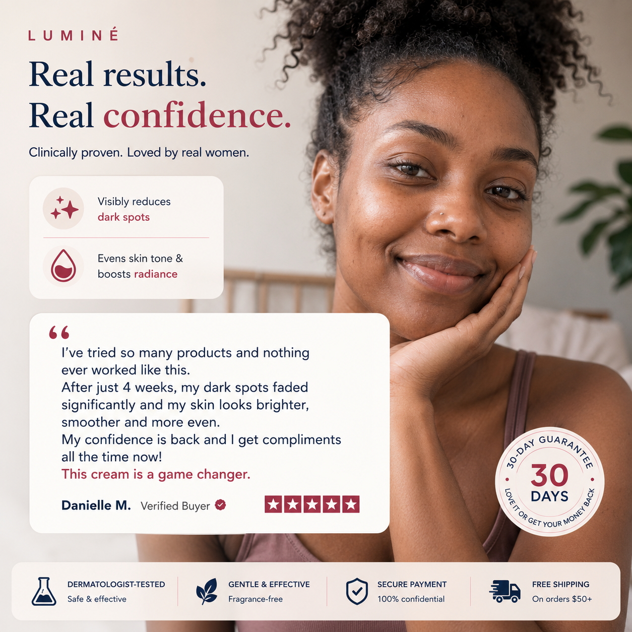 Puryvea dark spot corrector result — more even, brighter skin tone